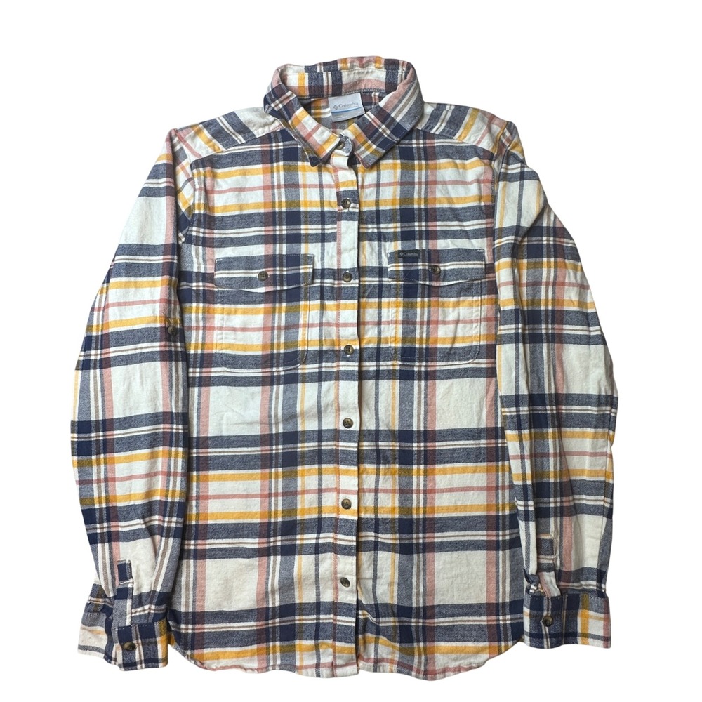 Columbia Shirt Womens M Blue Yellow Plaid Flannel Long Sleeve Button Down AL2887